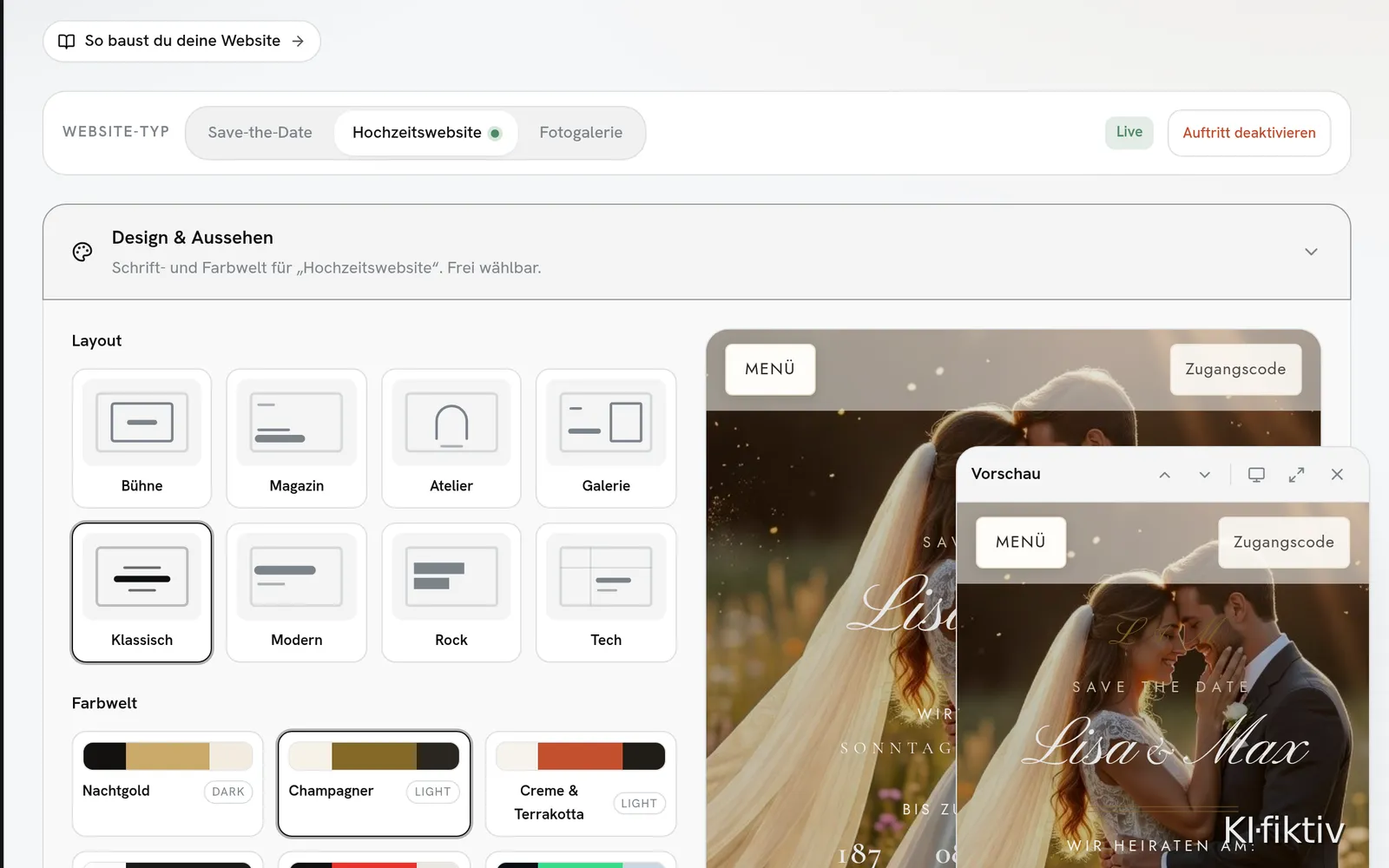 Design-Editor mit schwebender Website-Vorschau, Beispiel „Lisa & Max“.