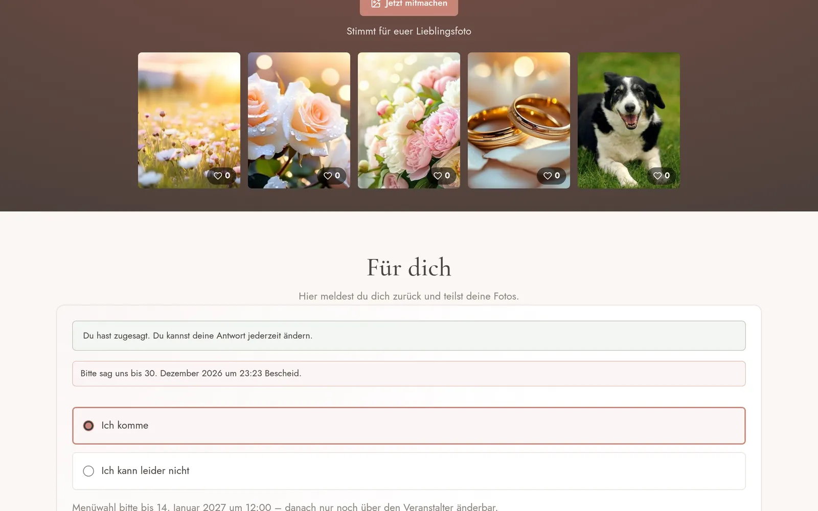 Der persönliche Bereich eines Gastes mit Zu- und Absage, Menü und Allergien.
