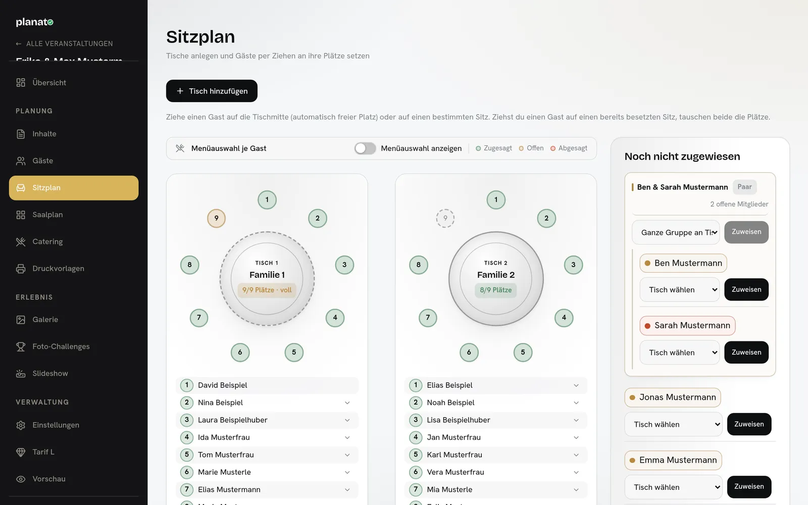 Tische per Ziehen anordnen, Gäste zuweisen, als PDF exportieren.